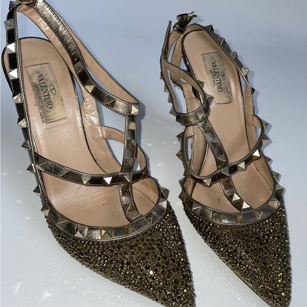 Valentino Rockstud Metallic Swarovski Gold Studded Heels 38